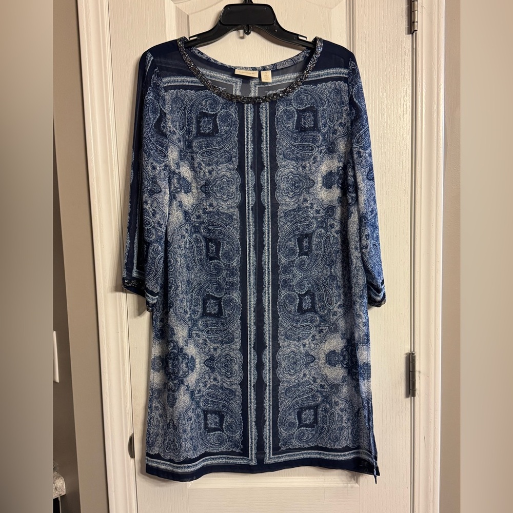 Chico's Navy and White Paisley Top with Beaded Neckline